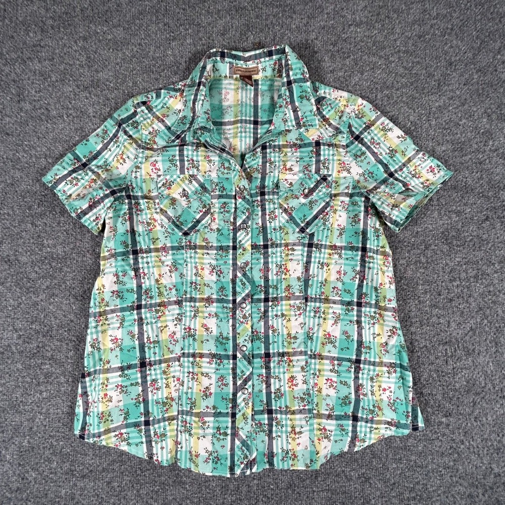 Bit & Bridle Shirt Womens Size L Teal Plaid Floral Snap Button Western Casual